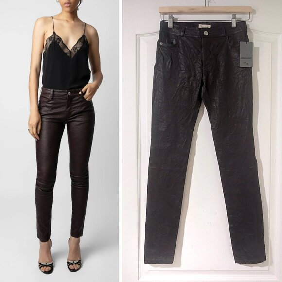 Zadig & Voltaire | Phlame Crinkled Leather Pants In Chocolate Brown - Picture 1 of 15
